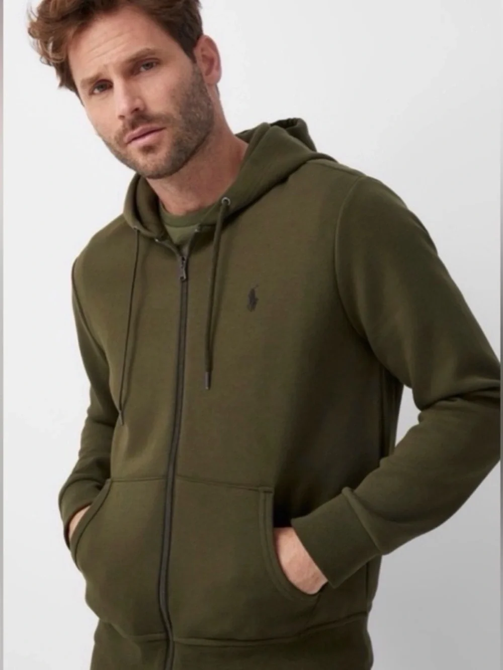 Polo Ralph Lauren Men's Large Double Knit Full Zip Hoodie Olive Green - Picture 4 of 6